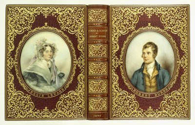 Cubiertas superior e inferior, y lomo, con retratos ovalados de Robert Burns y Jessie Lewars de English School