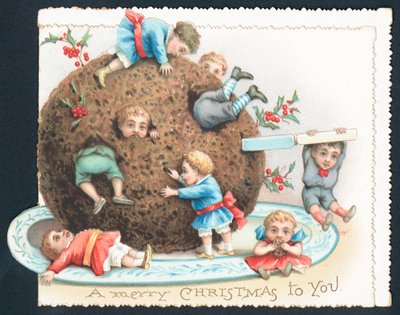 Niños jugando con pudín de ciruela, tarjeta de Navidad de English School