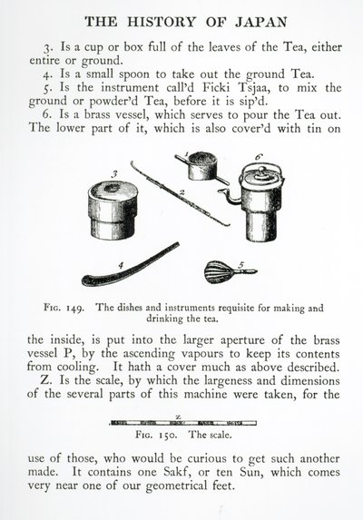 Utensilios usados en ceremonias de té japonesas, de History of Japan por Engelbert Kaempfer (1651-1716) publicado en 1727 de English School