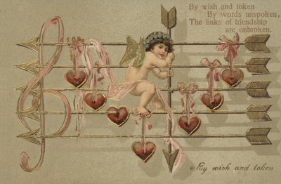 Tarjeta de San Valentín, con Cupido, flecha y partitura musical de English School