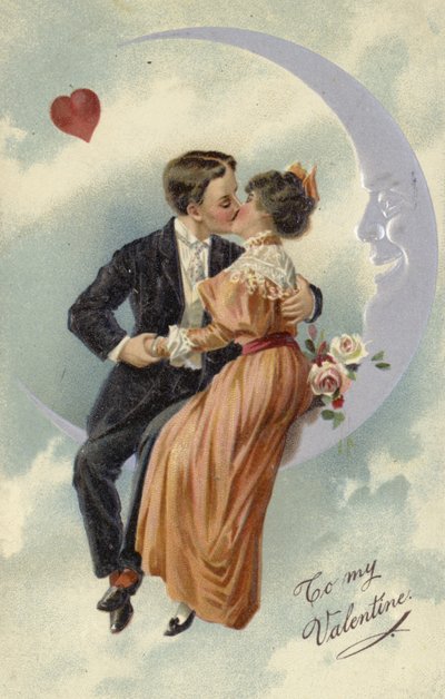 Tarjeta de San Valentín, con pareja besándose en la luna de English School