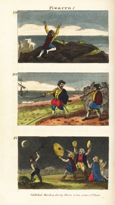 Vasco Núñez de Balboa llegando al Pacífico, Francisco Pizarro separando a sus hombres con una línea en la arena en la Isla de Gallo, y peruanos temiendo un eclipse lunar de English School
