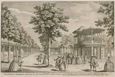 Jardines de Vauxhall, Londres, mostrando el Gran Paseo en la entrada del jardín y la Orquesta, con la música tocando de English School