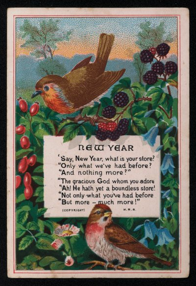 Verso, bayas y pájaros, tarjeta de felicitación de Año Nuevo de English School