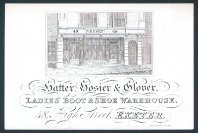 Veysey, sombrerero, calcetero y guantero, tarjeta comercial de English School