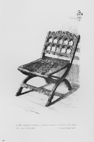 Silla plegable para niños, en nogal tallado, flamenca, alrededor de 1600 (grabado) de English School