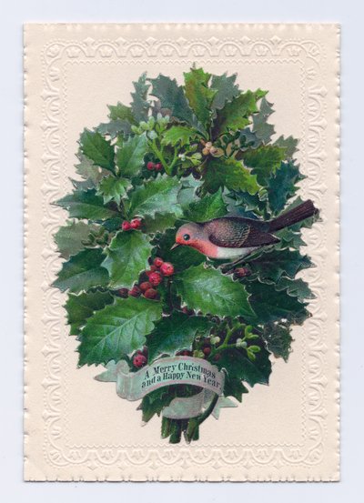 Tarjeta navideña y de Año Nuevo victoriana de un petirrojo en un ramo de hojas de acebo, c.1880 de English School