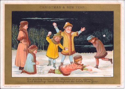 Tarjeta navideña y de Año Nuevo victoriana de niños jugando en la nieve y lanzando bolas de nieve, c.1880 de English School