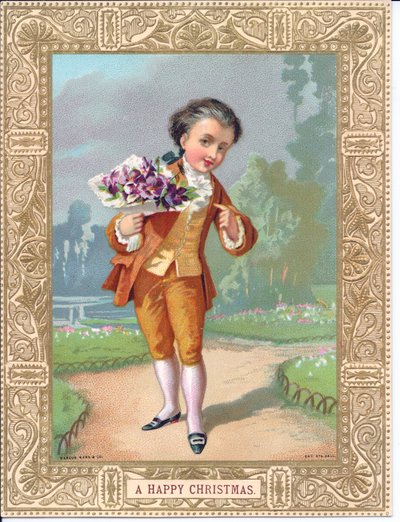 Tarjeta navideña victoriana de un niño vestido con ropa victoriana sosteniendo un ramo de flores, c.1880 de English School