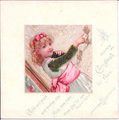 Tarjeta navideña victoriana de una niña sosteniendo un gato y señalando algo, c. 1880 (litografía en color) de English School