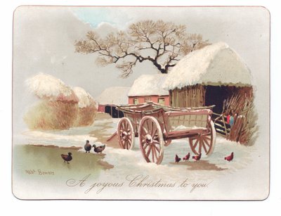 Tarjeta navideña victoriana de patos y gallinas cerca de un estanque en un corral, c.1880 de English School