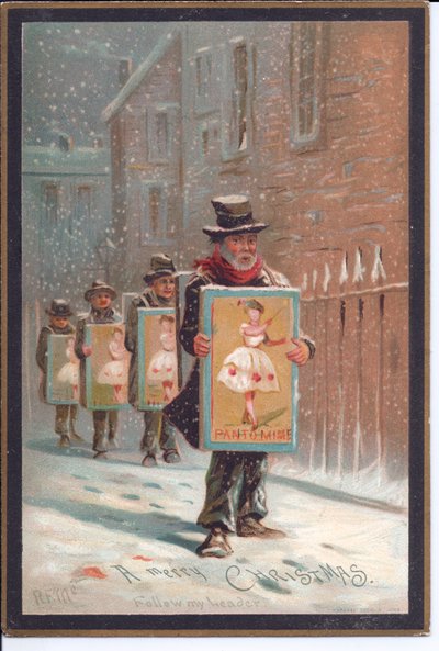 Tarjeta navideña victoriana de cuatro hombres caminando en la nieve llevando carteles publicitarios de un pantomima, c.1880 de English School