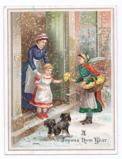 Tarjeta de Año Nuevo victoriana de una criada sosteniendo a una niña mientras compra flores a un vendedor de flores en la nieve, c.1880 de English School