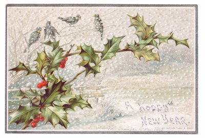 Tarjeta de Año Nuevo victoriana de pájaros en ramas bajo la nieve, c.1880 de English School