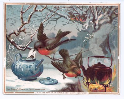 Tarjeta victoriana de Año Nuevo con petirrojos haciendo té en una noche de invierno nevada, c.1880 (litografía en color) de English School