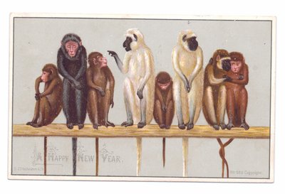 Tarjeta victoriana de Año Nuevo con ocho monos en una cornisa, c.1880 (litografía en color) de English School