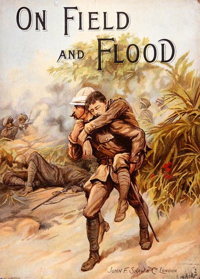 Portada de libro victoriano que representa al Cirujano-Capitán Whitchurch ganando la V.C. al llevar al Capitán Baird herido a un lugar seguro bajo fuego intenso en la Campaña de Chitral, India, marzo de 1895 de English School