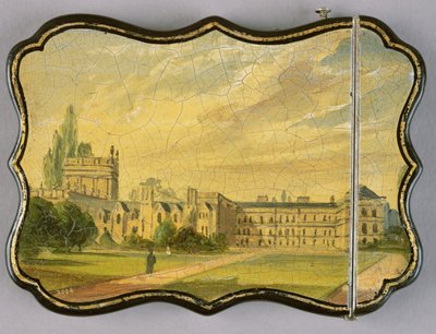 Estuche de tarjetas victoriano, con una escena de los jardines del Trinity College, Oxford de English School