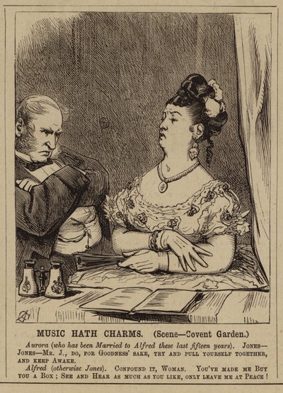 Pareja victoriana en Covent Garden Opera House, Londres (grabado) de English School