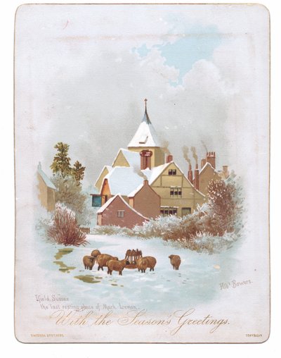 Tarjeta de felicitación victoriana de ovejas vagando cerca de una iglesia en la nieve, c.1880 (litografía en color) de English School
