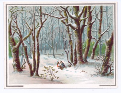Tarjeta de felicitación victoriana de dos niños recogiendo ramas en la nieve, c.1880 de English School