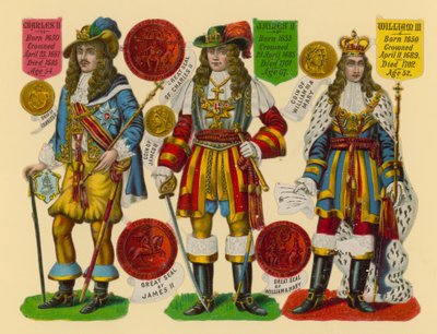 Recorte victoriano: Rey Carlos II, Rey Jacobo II, Rey Guillermo III de English School