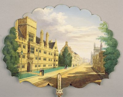 Pantalla victoriana, con una escena del Wadham College, Oxford con la Biblioteca Bodleiana y el Hertford College al fondo de English School