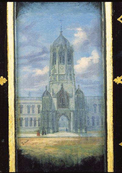 Panel de gabinete de costura victoriano decorado con una escena del Christ Church, Oxford de English School