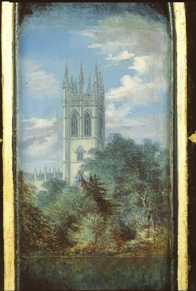 Panel de gabinete de costura victoriano decorado con una escena del Magdalen College, Oxford de English School