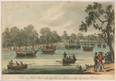 Vista en Hyde Park con la flota anclada en el río Serpentine. Naumaquia. Paz de 1814 de English School