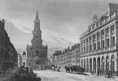 Vista en el Strand, incluyendo el frente norte de Somerset House y la iglesia de St Mary-Le-Strand, Westminster (grabado) de English School