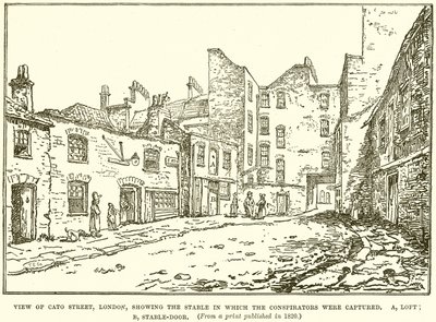 Vista de Cato Street, Londres, mostrando el establo donde fueron capturados los conspiradores de English School