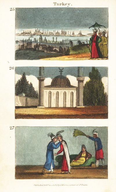 Vista de Constantinopla (Estambul) a principios del siglo XIX, mezquita musulmana con cúpula y minaretes, y mujeres griegas jóvenes besándose en los ojos de English School