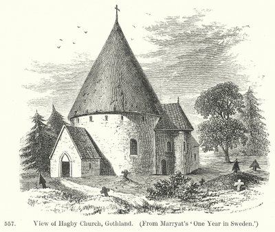 Vista de la iglesia de Hagby, Gothland (grabado) de English School