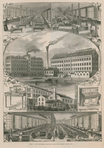 Vista de las obras de pianos de John Brinsmead and Sons de English School