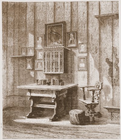 Vista de la habitación de Lutero en el Wartburg, mostrando la mancha de tinta en la pared, ilustración de La Historia del Protestantismo de James Aitken Wylie, pub. 1878 de English School