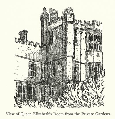 Vista de la habitación de la reina Isabel desde los jardines privados (grabado) de English School