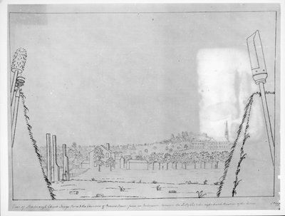 Vista de la Iglesia de Roxborough, Kings Arms y las chimeneas de Browns House, desde una tronera entre la poterna y el bastión derecho de las líneas, 1776 de English School