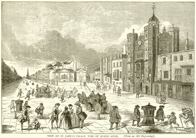 Vista del Palacio de St. James, época de la Reina Ana de English School