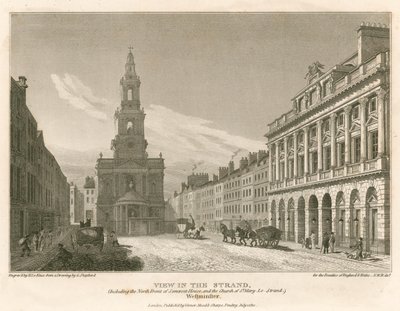 Vista de The Strand, incluyendo el frente norte de Somerset House y la Iglesia de St Mary-Le-Strand, Westminster, Londres de English School