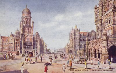 Vista de Victoria Terminus  Municipal Building, Bombay (litografía en color) de English School