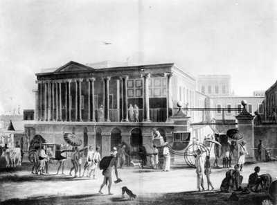 Vista de una Casa, Manufactura y Bazar, en Calcuta, grabado por Francis Jukes, 1795 (aguatinta) de English School