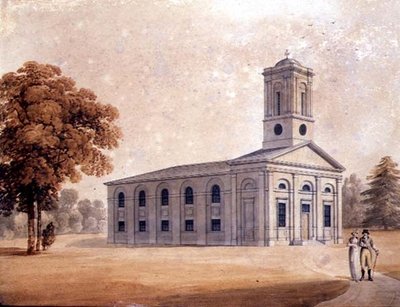 Vista de una iglesia neoclásica en un parque, c.1790 de English School