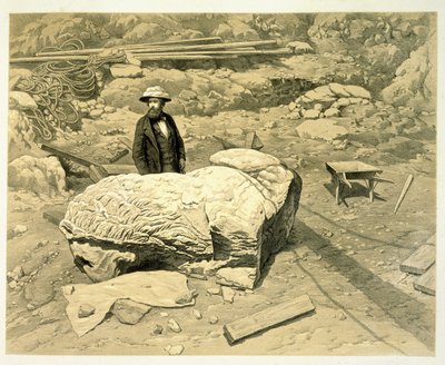 Vista de un león colosal de lado, con Newton detrás, de Una Historia de los Descubrimientos en Halicarnaso, Cnido y Branchidae, por Charles Thomas Newton (1816-94) publicado en 1862 de English School