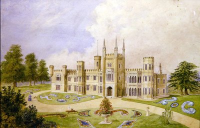 Vista de una casa de campo de estilo gótico con un jardín formal, c.1840 de English School