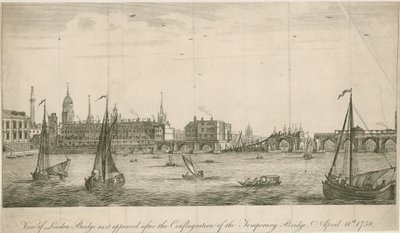 Vista del viejo Puente de Londres como apareció después del incendio de 1758 de English School