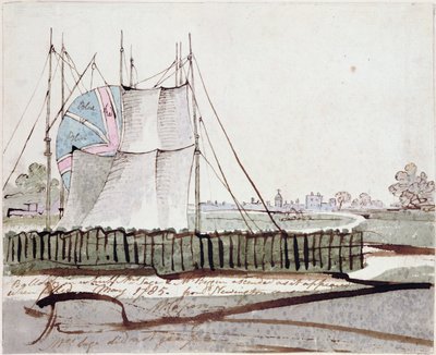 Vista del globo en Newington Causeway, mayo de 1785 (tinta y acuarela sobre papel) de English School