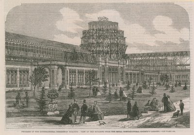Vista del edificio de la Exposición Internacional desde los Jardines de la Sociedad de Horticultura Real de English School