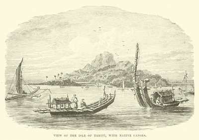 Vista de la Isla de Tahití, con canoas nativas de English School