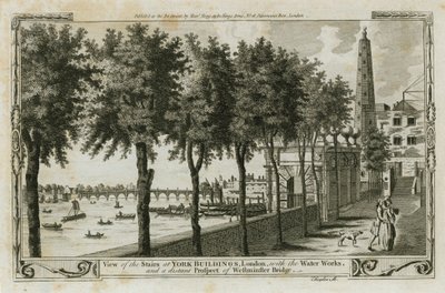 Vista de las Escaleras de los Edificios de York, Londres con las Obras de Agua, y la vista distante del Puente de Westminster de English School